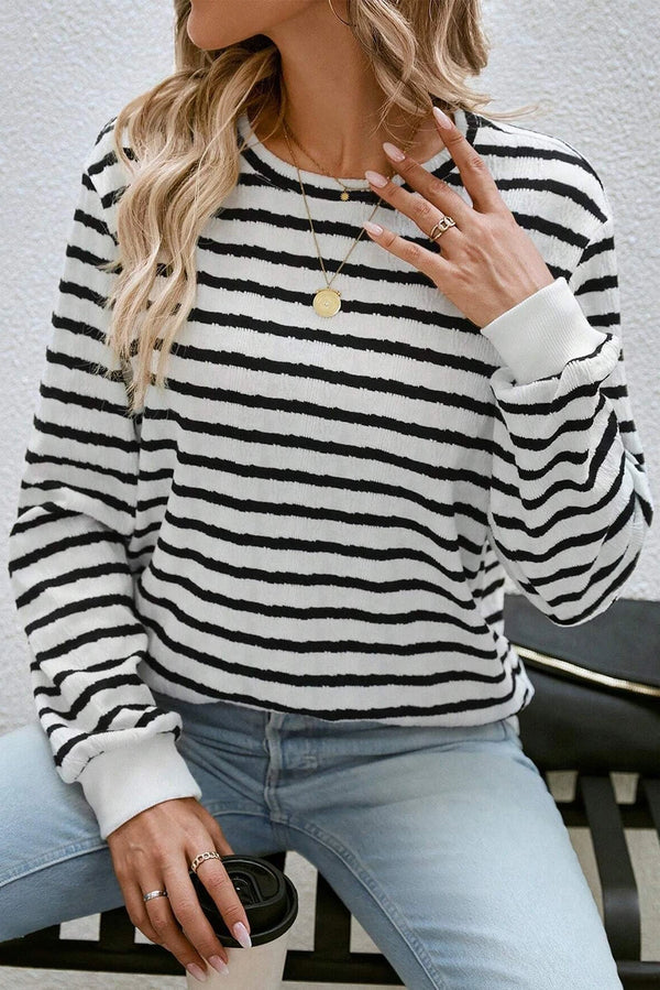 Black Stripe Round Neck Casual Long Sleeve Top