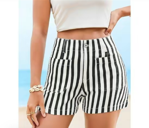 The Ballpark Babe Striped Denim Shorts -  Black