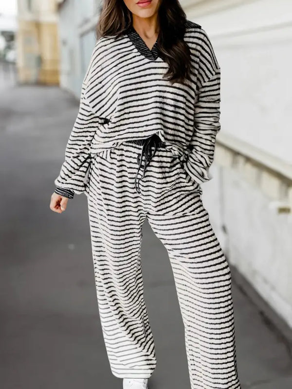 Stripe Collared Pullover & Drawstring Pants Set