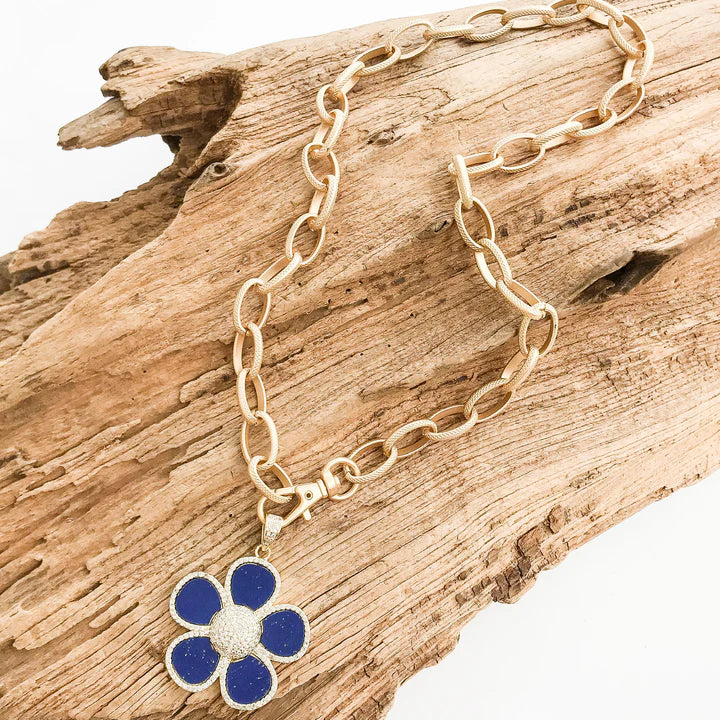 Ornate Flower w CZ Trim Necklace | Blue