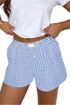 Blue Vintage Gingham Print High Waisted Loose Shorts