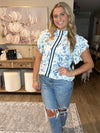 Sky Blue Ruffle Short Sleeve Floral Print Pop of Color Neckline Blouse