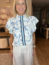 Sky Blue Ruffle Short Sleeve Floral Print Pop of Color Neckline Blouse