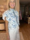 Sky Blue Ruffle Short Sleeve Floral Print Pop of Color Neckline Blouse