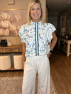 Sky Blue Ruffle Short Sleeve Floral Print Pop of Color Neckline Blouse