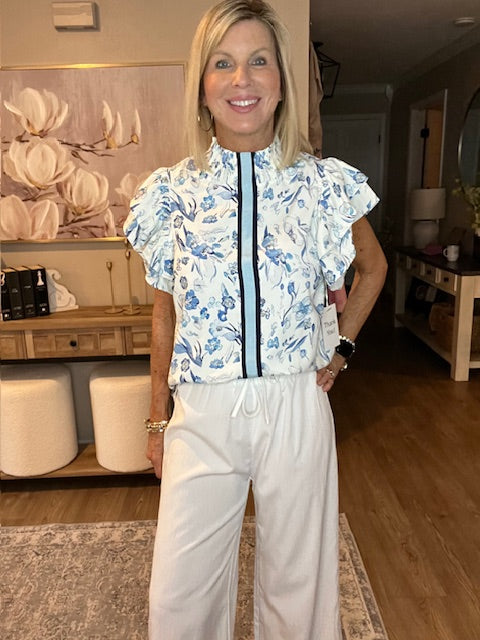 Sky Blue Ruffle Short Sleeve Floral Print Pop of Color Neckline Blouse