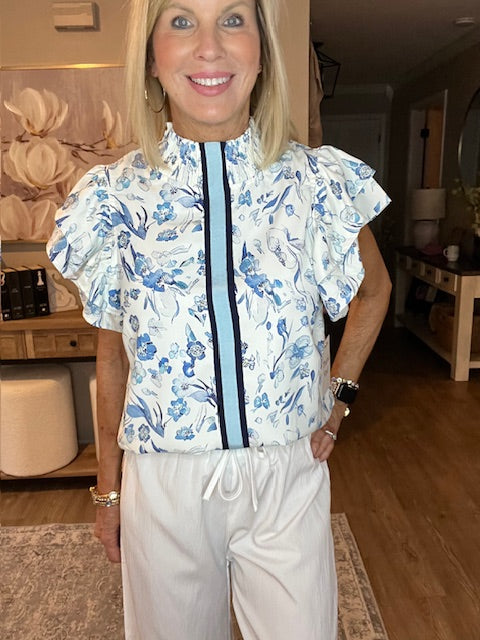Sky Blue Ruffle Short Sleeve Floral Print Pop of Color Neckline Blouse