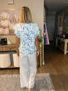 Sky Blue Ruffle Short Sleeve Floral Print Pop of Color Neckline Blouse