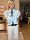 Sky Blue Ruffle Short Sleeve Floral Print Pop of Color Neckline Blouse