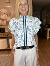 Sky Blue Ruffle Short Sleeve Floral Print Pop of Color Neckline Blouse