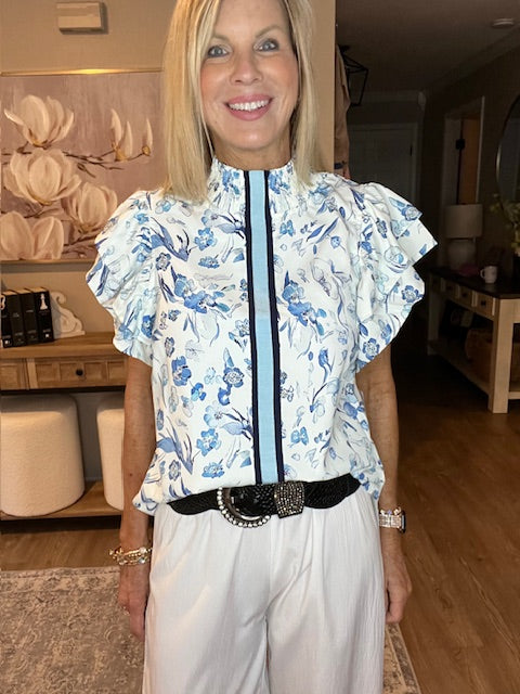 Sky Blue Ruffle Short Sleeve Floral Print Pop of Color Neckline Blouse
