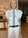 Sky Blue Ruffle Short Sleeve Floral Print Pop of Color Neckline Blouse