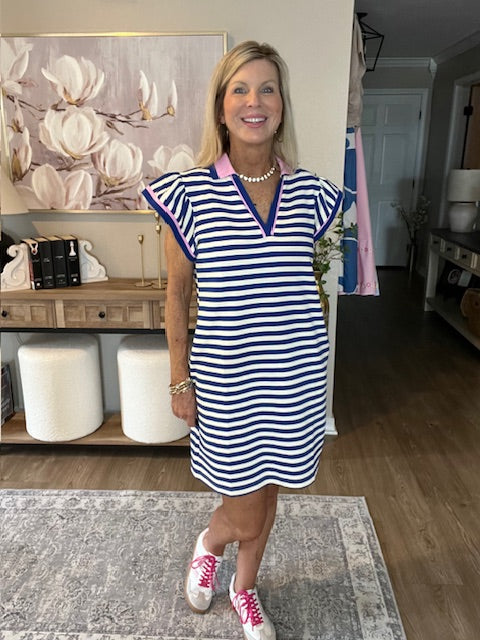 Dark Blue Striped Ruffle Short Sleeve Pop of Color Neckline Dress
