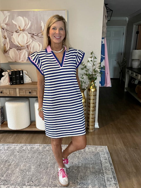 Dark Blue Striped Ruffle Short Sleeve Pop of Color Neckline Dress
