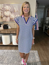 Dark Blue Striped Ruffle Short Sleeve Pop of Color Neckline Dress