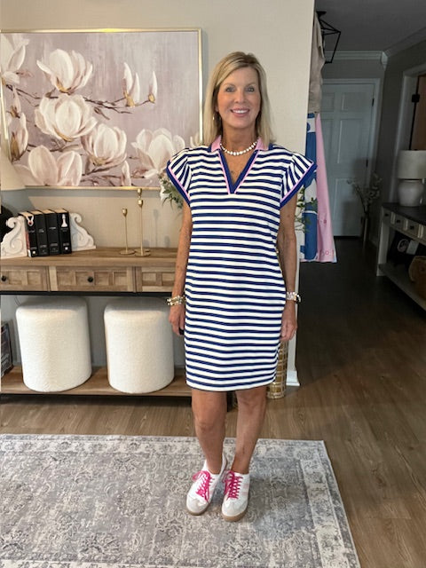 Dark Blue Striped Ruffle Short Sleeve Pop of Color Neckline Dress