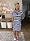 Dark Blue Striped Ruffle Short Sleeve Pop of Color Neckline Dress