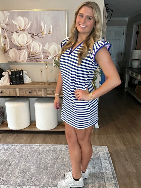 Dark Blue Striped Ruffle Short Sleeve Pop of Color Neckline Dress