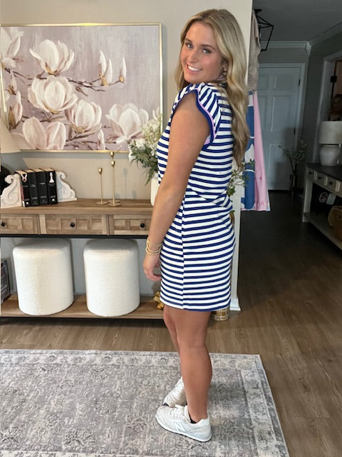 Dark Blue Striped Ruffle Short Sleeve Pop of Color Neckline Dress