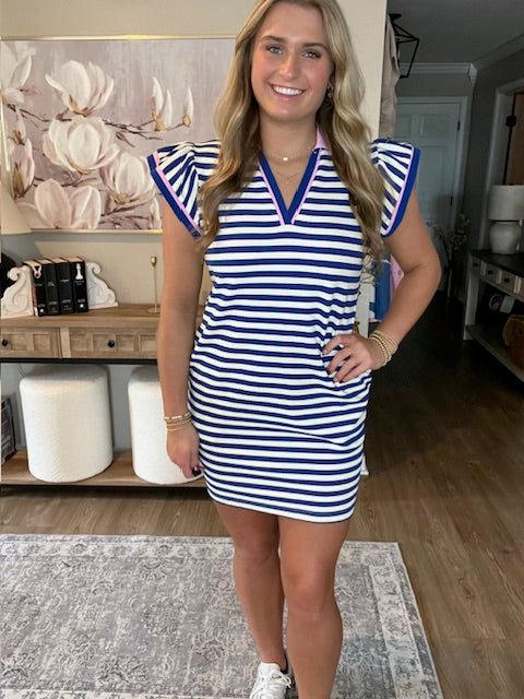 Dark Blue Striped Ruffle Short Sleeve Pop of Color Neckline Dress