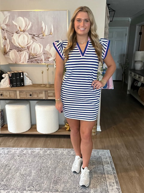 Dark Blue Striped Ruffle Short Sleeve Pop of Color Neckline Dress