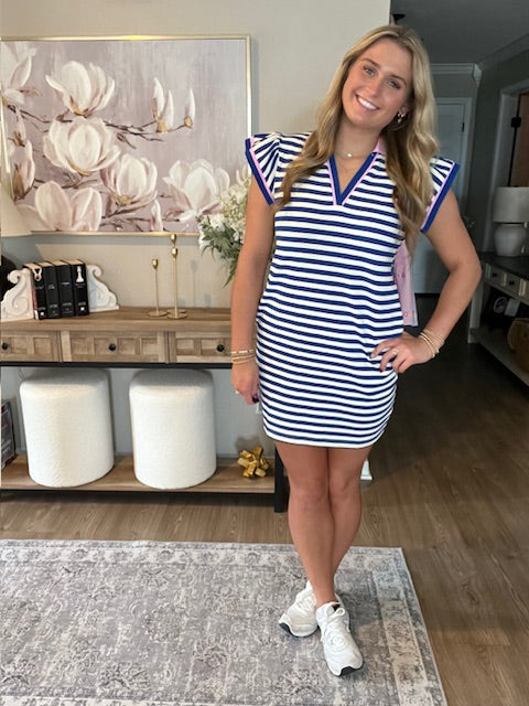 Dark Blue Striped Ruffle Short Sleeve Pop of Color Neckline Dress