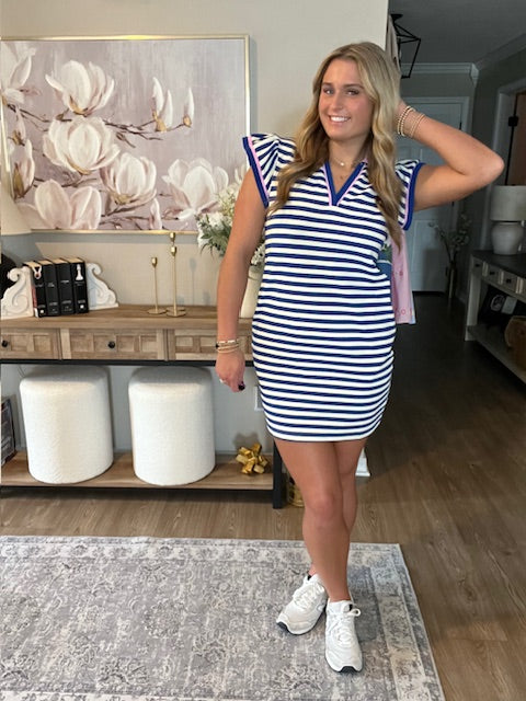Dark Blue Striped Ruffle Short Sleeve Pop of Color Neckline Dress
