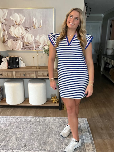 Dark Blue Striped Ruffle Short Sleeve Pop of Color Neckline Dress