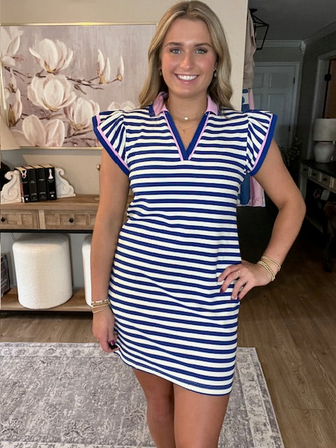 Dark Blue Striped Ruffle Short Sleeve Pop of Color Neckline Dress