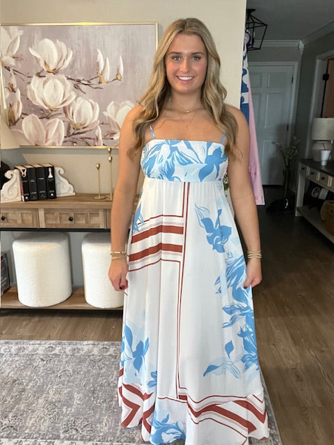 Striped Dotted Print Flowy A-Line Casual Dress Blue and Brown