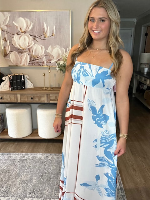 Striped Dotted Print Flowy A-Line Casual Dress Blue and Brown