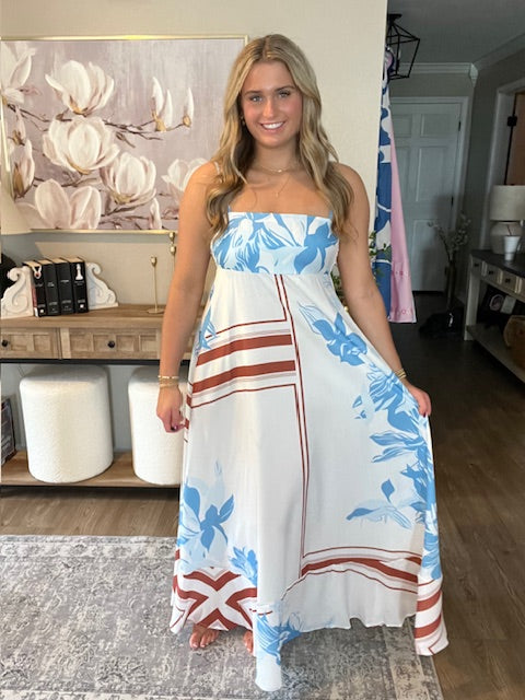 Striped Dotted Print Flowy A-Line Casual Dress Blue and Brown