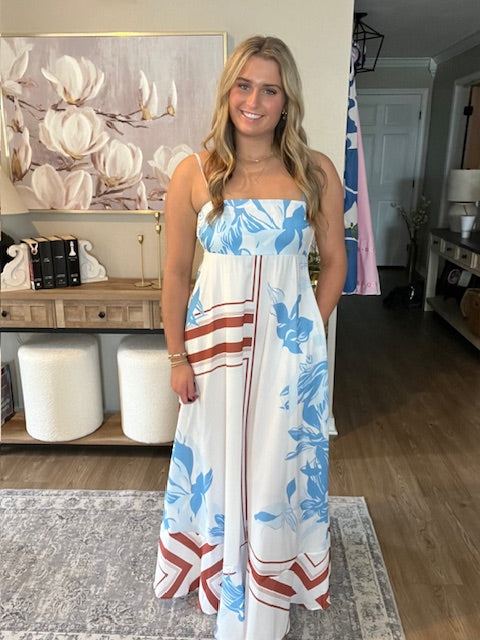 Striped Dotted Print Flowy A-Line Casual Dress Blue and Brown