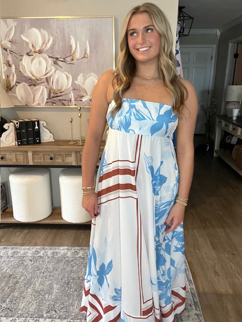 Striped Dotted Print Flowy A-Line Casual Dress Blue and Brown