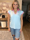 Beau Blue Color Contrast Ruffled Sleeve Collared V Neck Blouse
