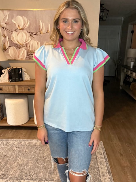 Beau Blue Color Contrast Ruffled Sleeve Collared V Neck Blouse