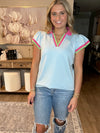 Beau Blue Color Contrast Ruffled Sleeve Collared V Neck Blouse