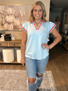 Beau Blue Color Contrast Ruffled Sleeve Collared V Neck Blouse