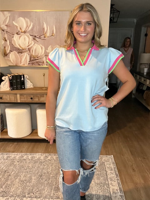 Beau Blue Color Contrast Ruffled Sleeve Collared V Neck Blouse