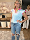 Beau Blue Color Contrast Ruffled Sleeve Collared V Neck Blouse