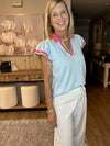 Beau Blue Color Contrast Ruffled Sleeve Collared V Neck Blouse