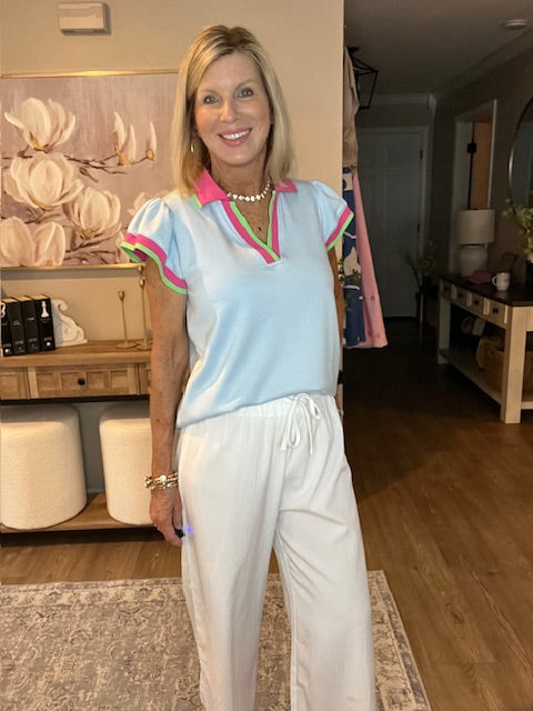 Beau Blue Color Contrast Ruffled Sleeve Collared V Neck Blouse