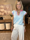 Beau Blue Color Contrast Ruffled Sleeve Collared V Neck Blouse
