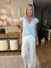 Beau Blue Color Contrast Ruffled Sleeve Collared V Neck Blouse