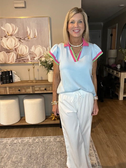 Beau Blue Color Contrast Ruffled Sleeve Collared V Neck Blouse