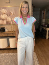Beau Blue Color Contrast Ruffled Sleeve Collared V Neck Blouse
