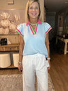 Beau Blue Color Contrast Ruffled Sleeve Collared V Neck Blouse