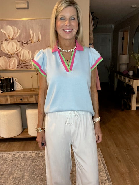 Beau Blue Color Contrast Ruffled Sleeve Collared V Neck Blouse