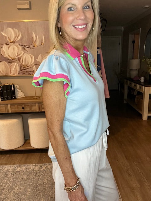 Beau Blue Color Contrast Ruffled Sleeve Collared V Neck Blouse