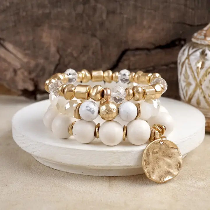 Boho Beads Coin Bracelets Statement Set in Cream